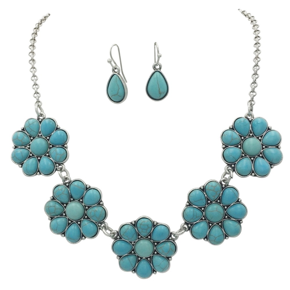 Turquoise Stone Daisy Floral Western Style Necklace Earrings Set